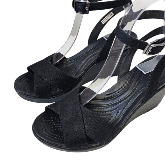 CROCS Womens Leigh ll Ankle Strap Wedge Sandals, Black, Size 7 - Picture 2 of 11
